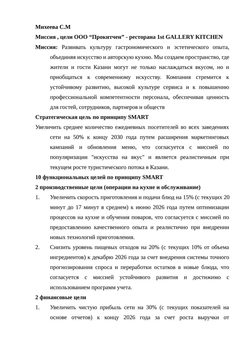 Миссия, цели ООО “Прокитчен” - ресторана 1st GALLERY KITCHEN 1