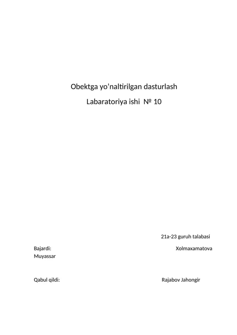 Obektga yo’naltirilgan dasturlash 1