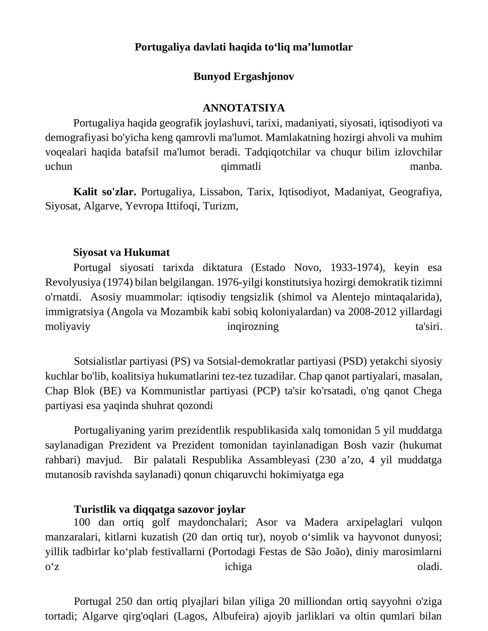 Portugaliya davlati haqida toʻliq maʼlumotlar 1
