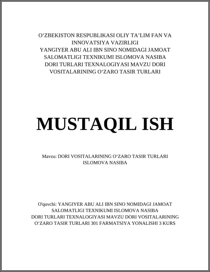 DORI VOSITALARINING OʻZARO TASIR TURLARI 1