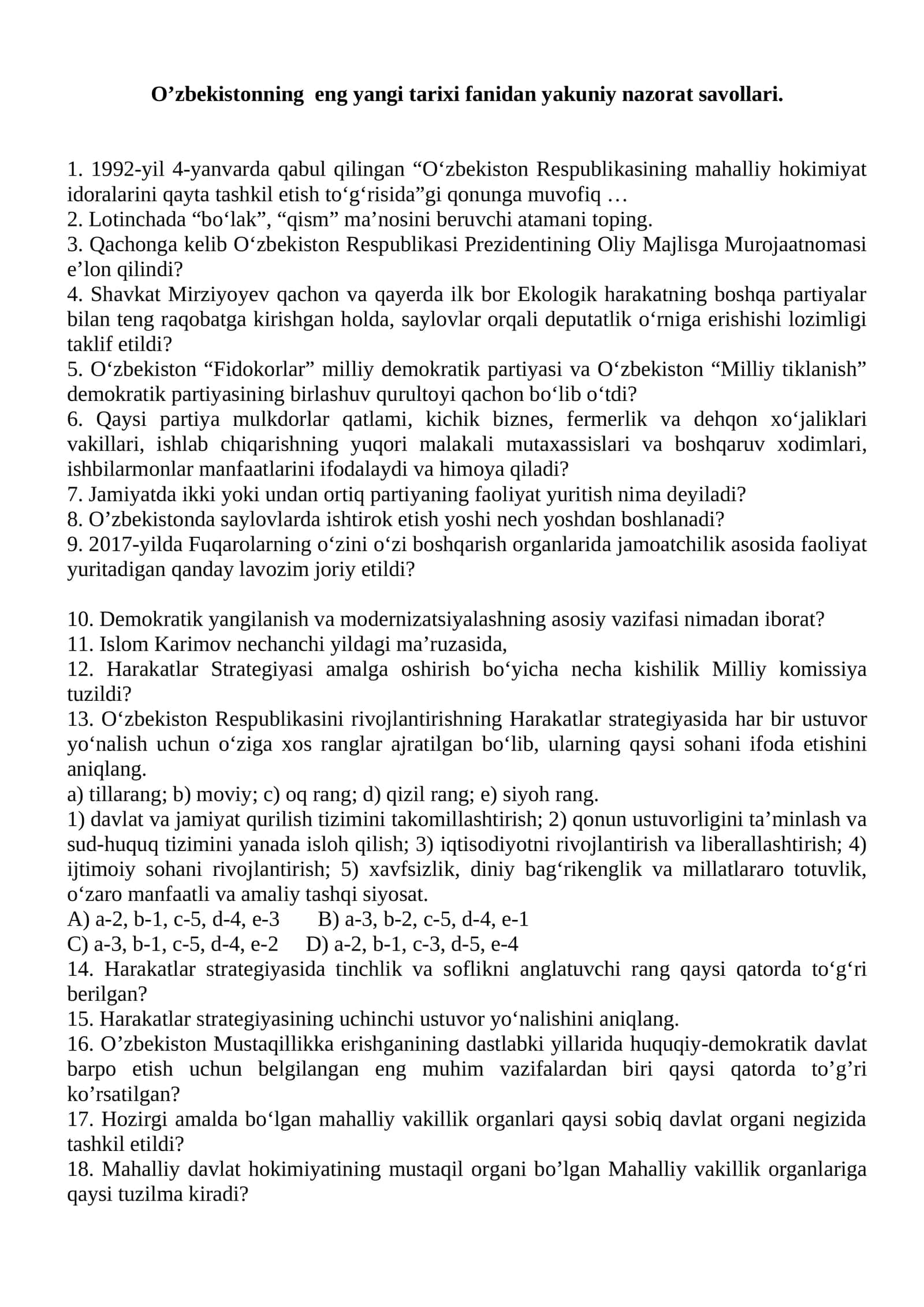 O‘zbekistonning eng yangi tarixi fanidan yakuniy nazorat savollari 1
