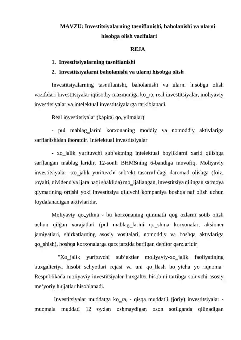 Investitsiyalarning tasniflanishi, baholanishi va ularni hisobga olish vazifalari