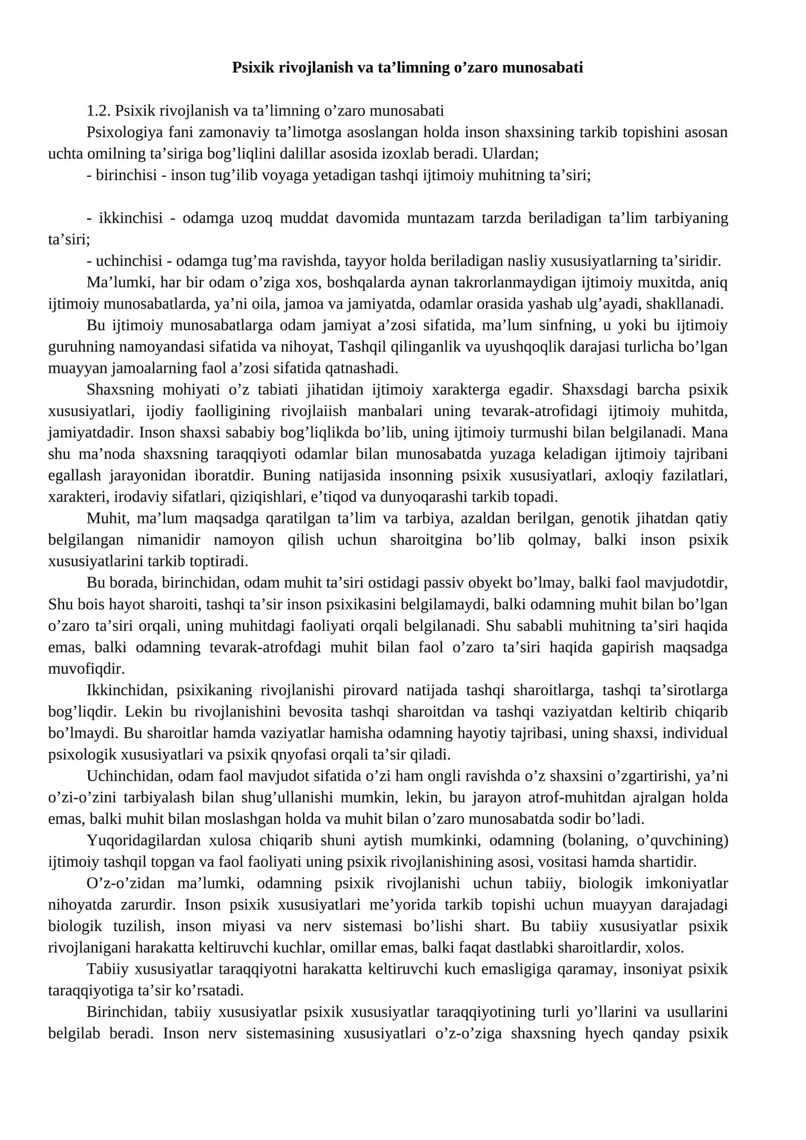 Psixik rivojlanish va ta’limning o’zaro munosabati 1
