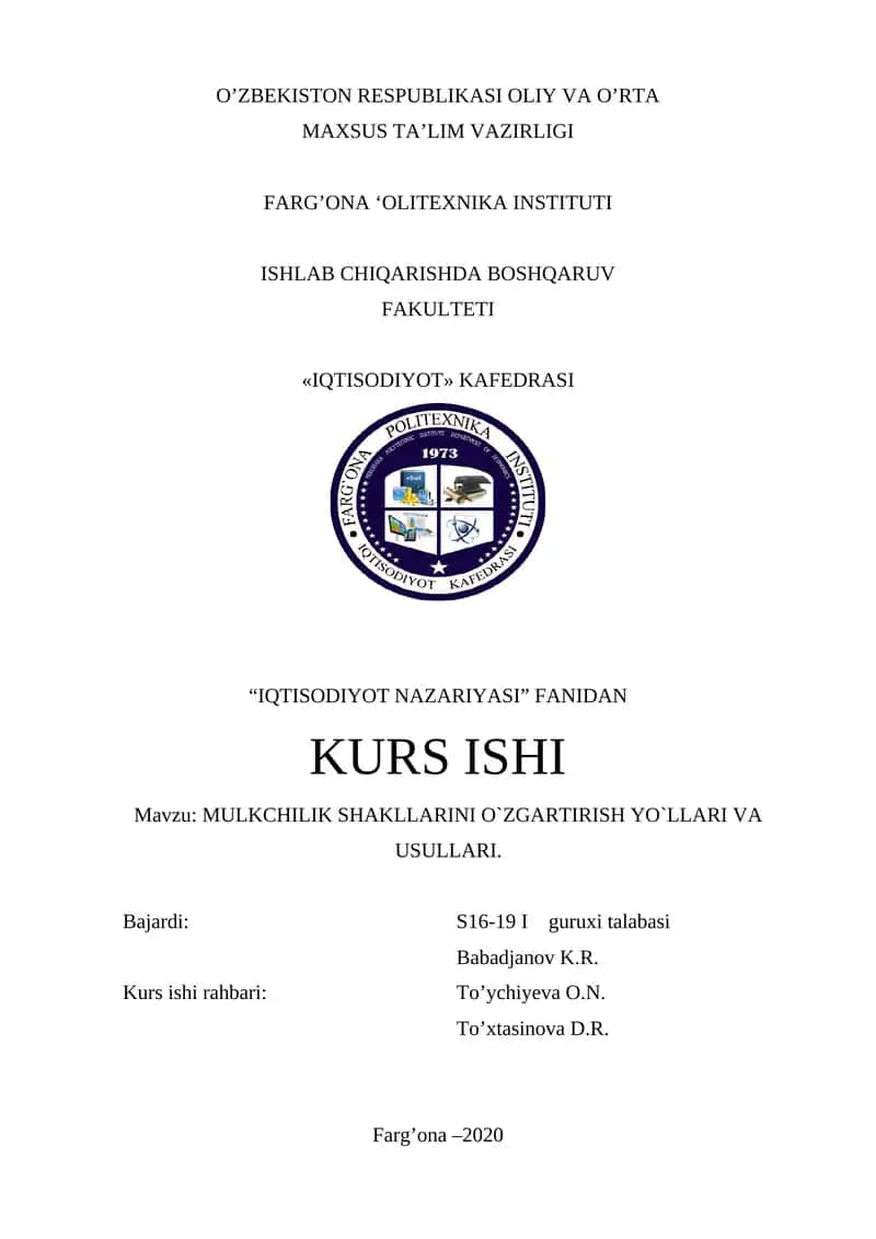 MULKCHILIK SHAKLLARINI O`ZGARTIRISH YO`LLARI VA USULLARI 1