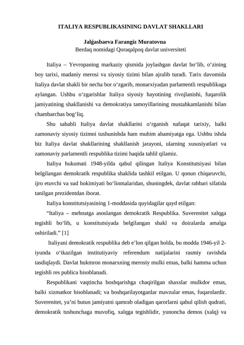 Italiya davlat shakllari tezis 1