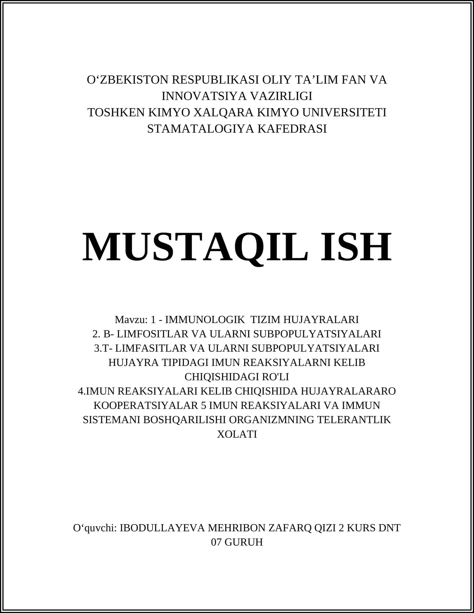 IMMUNOLOGIK TIZIM HUJAYRALARI 1