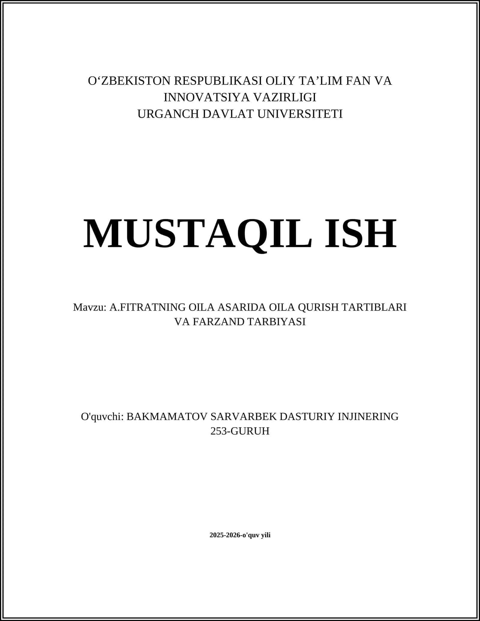 A.FITRATNING OILA ASARIDA OILA QURISH TARTIBLARI VA FARZAND TARBIYASI 1