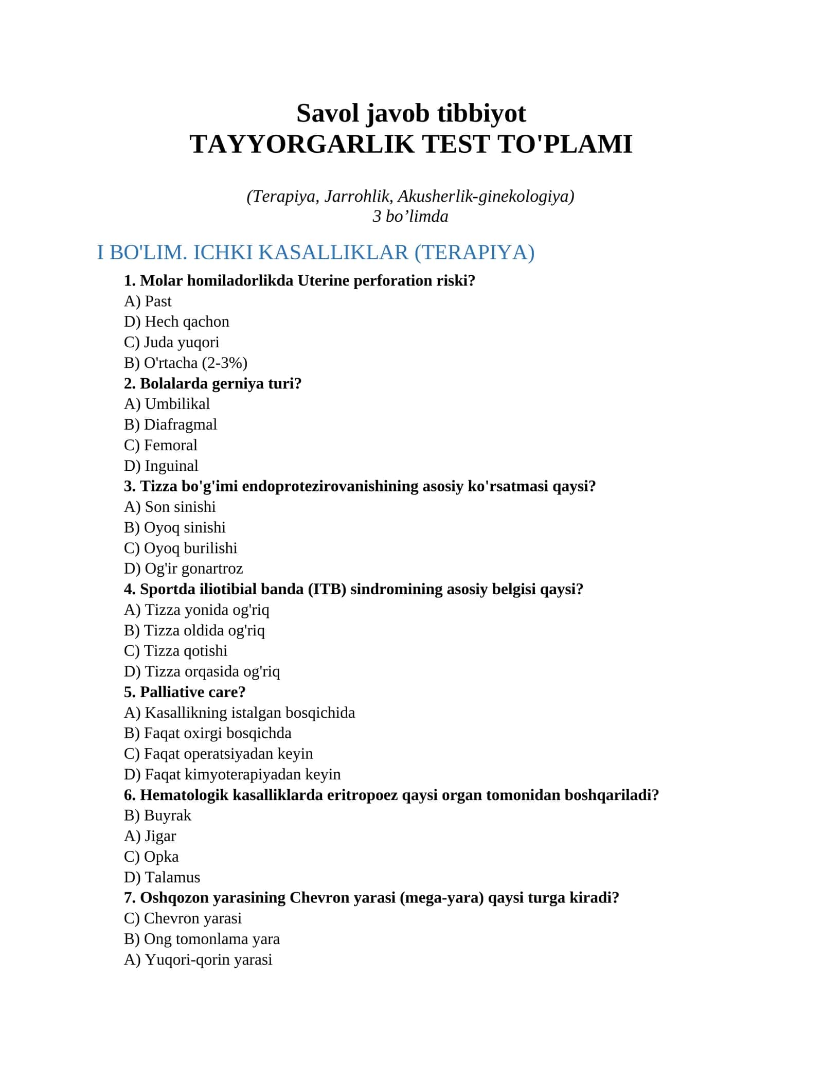 Tibbiyot savol-javob to'plami 1