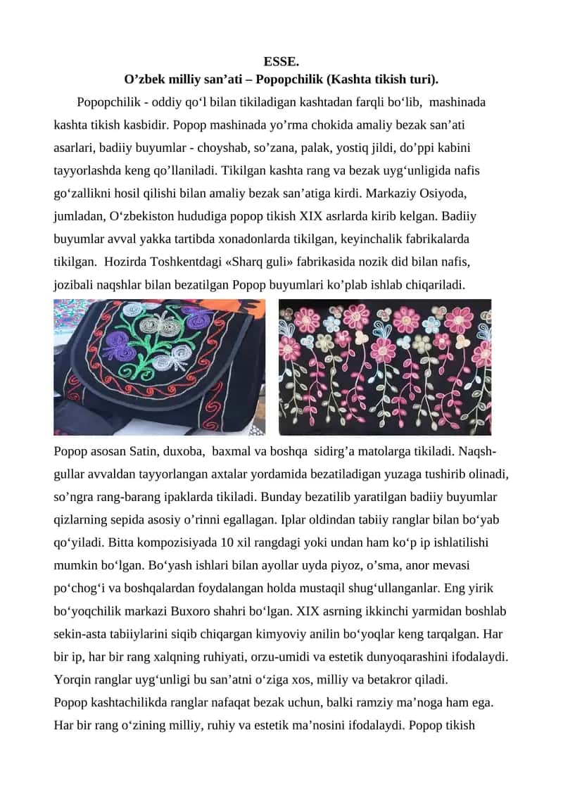O’zbek milliy san’ati – Popopchilik (Kashta tikish turi). 1