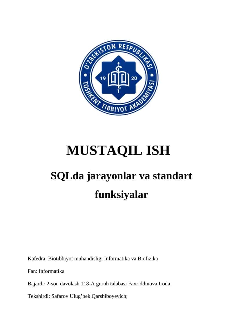 SQLda jarayonlar va standart funksiyalar 1
