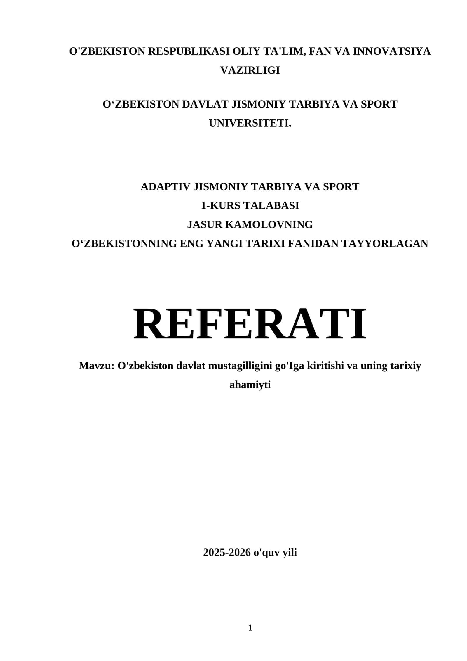 O'zbekistonning eng yangi tarixi fanidan tayyorlagan referati 1