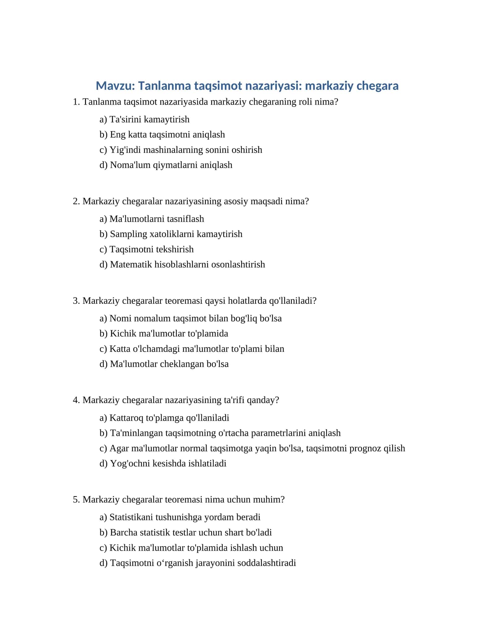 Tanlanma taqsimot nazariyasi: markaziy chegara 1
