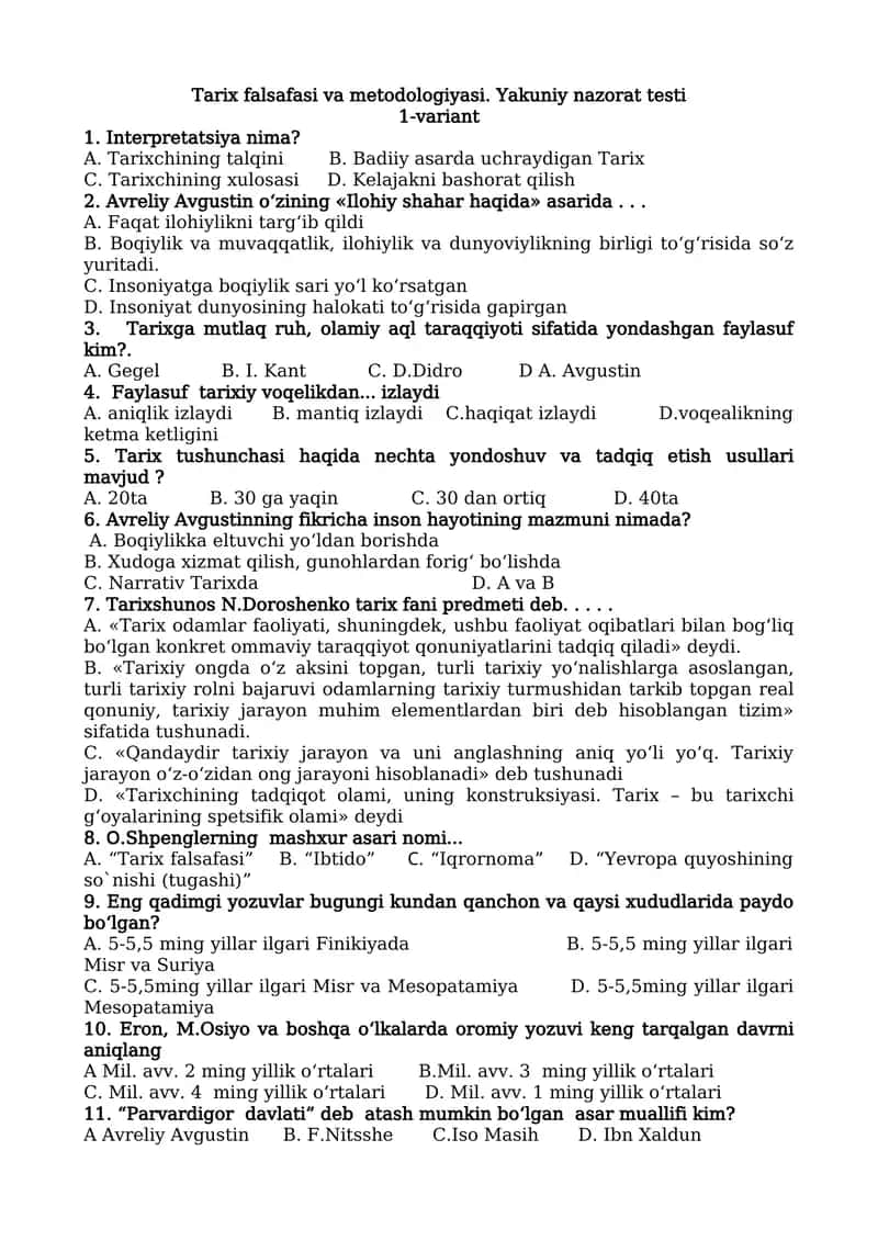 Tarix falsafasi va metodologiyasi. Yakuniy nazorat testi 1