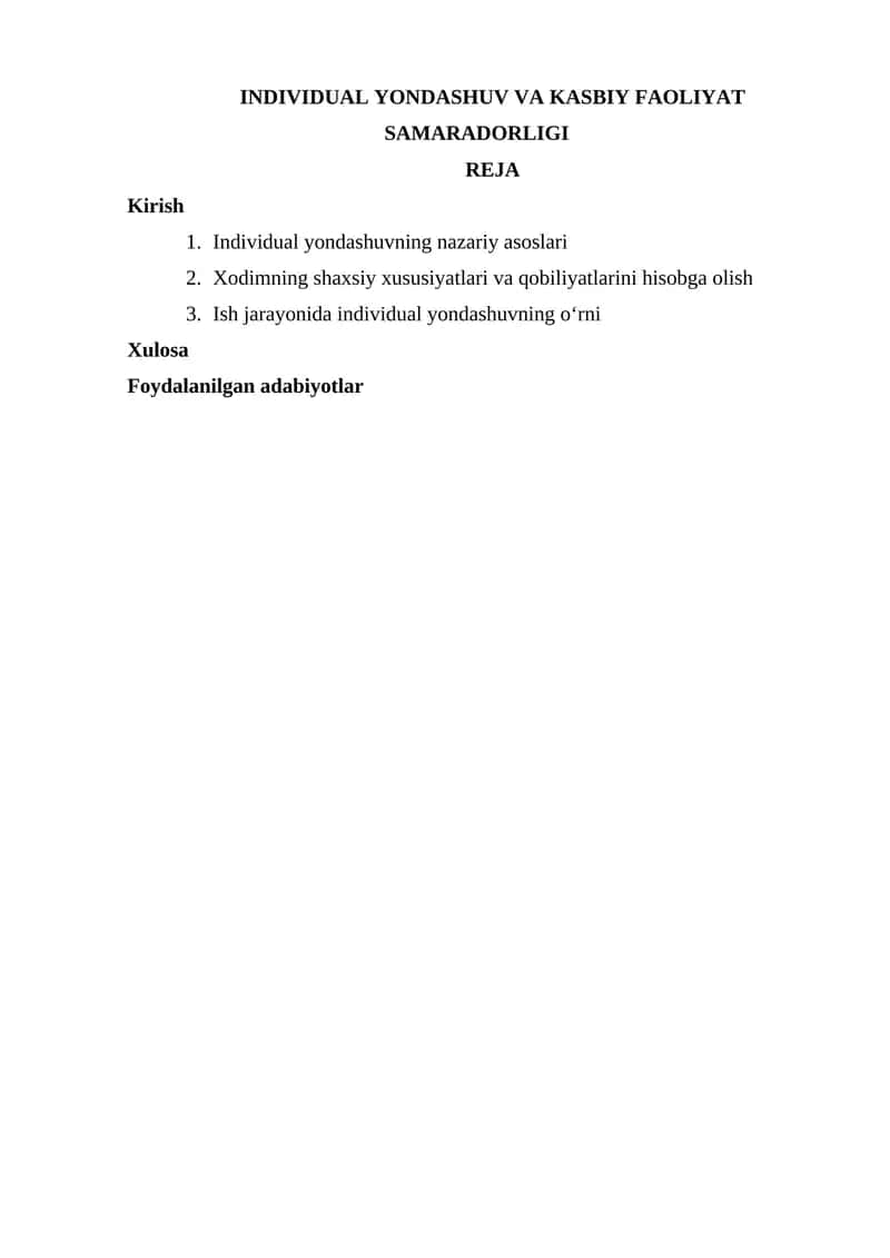 INDIVIDUAL YONDASHUV VA KASBIY FAOLIYAT SAMARADORLIGI 1