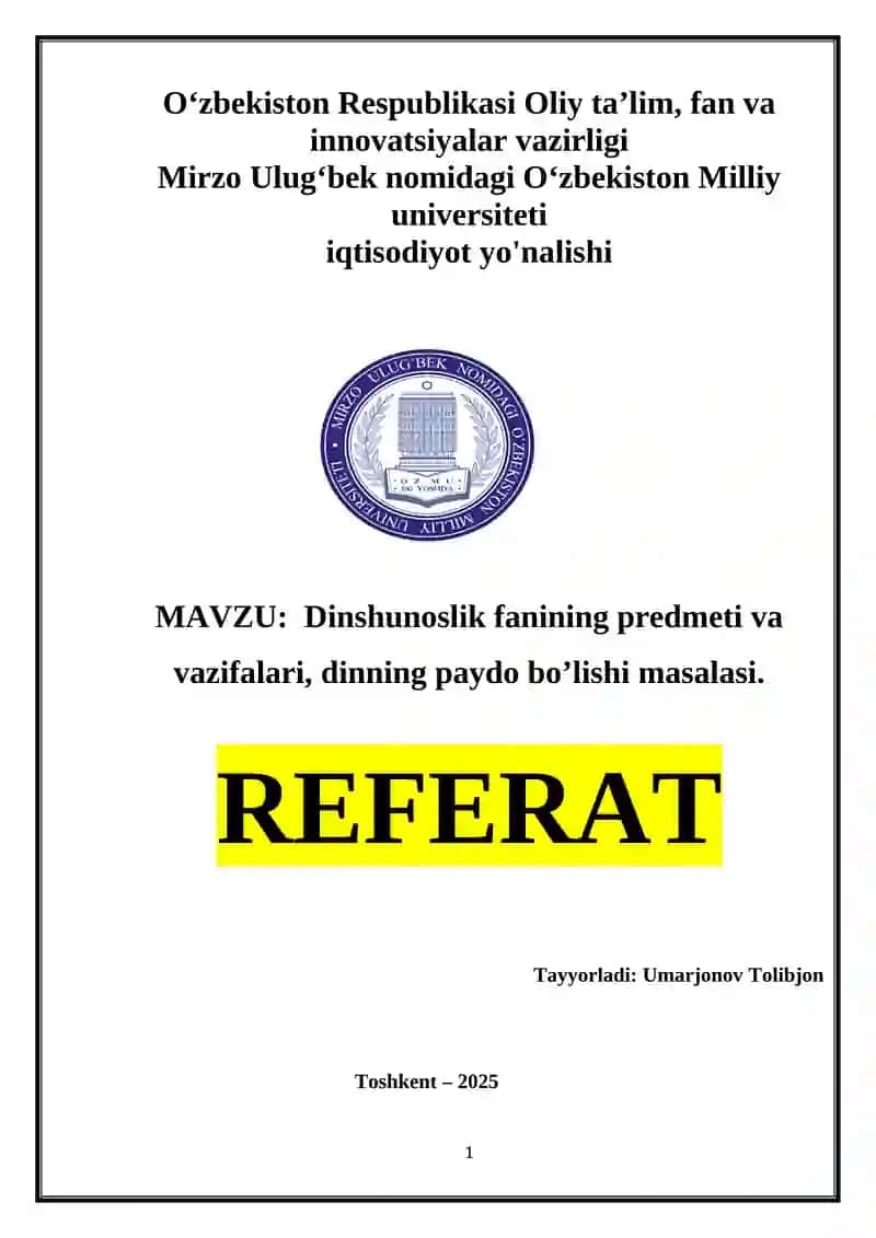 Dinshunoslik fanining predmeti va vazifalari