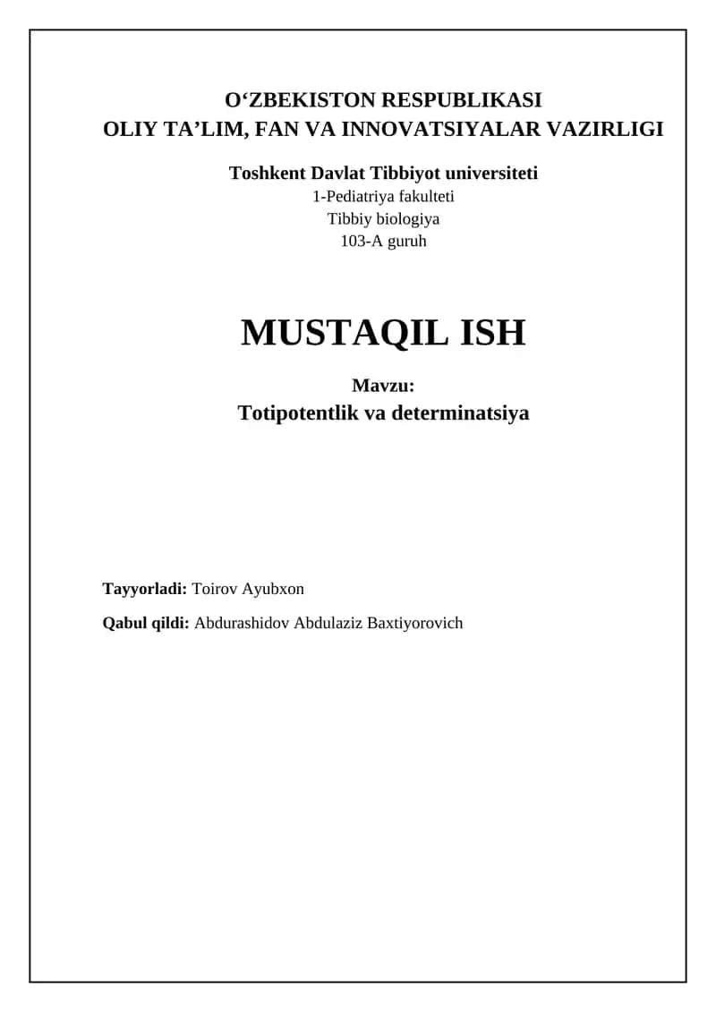 Totipotentlik va Determinatsiya 1