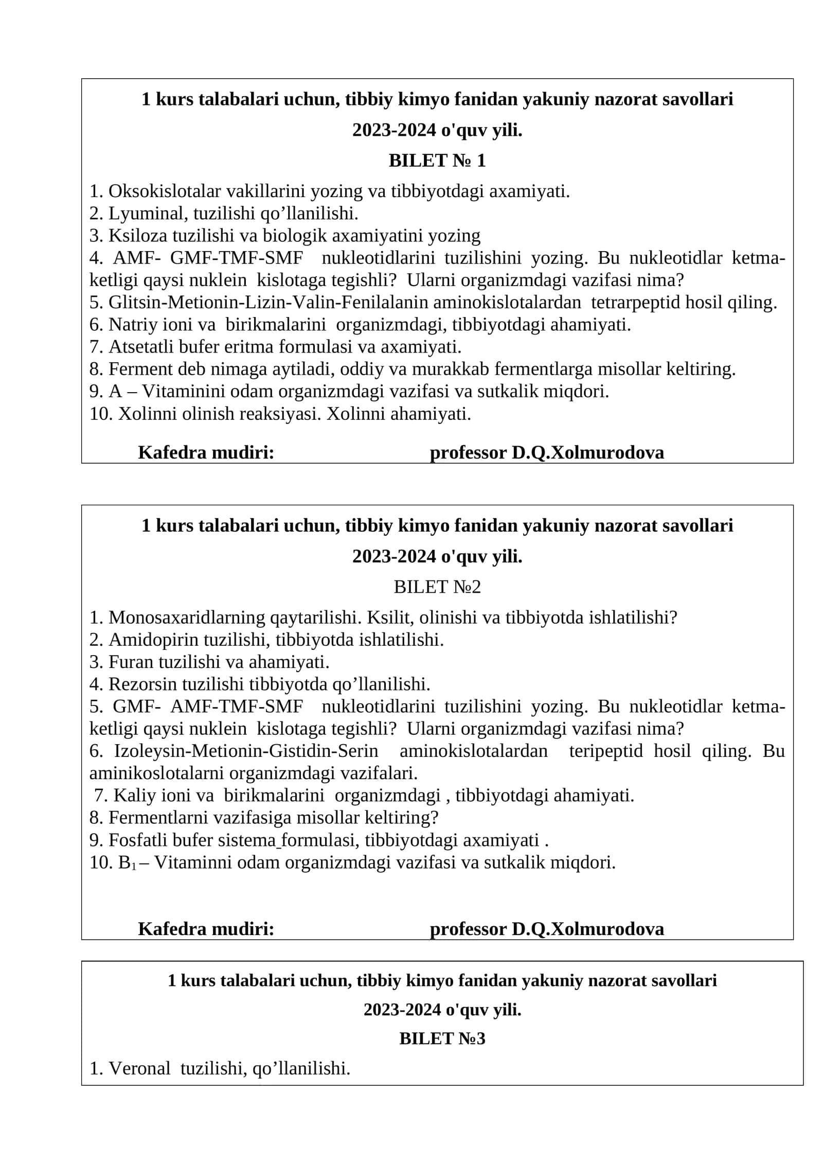 Tibbiy kimyo fanidan yakuniy nazorat savollari 1