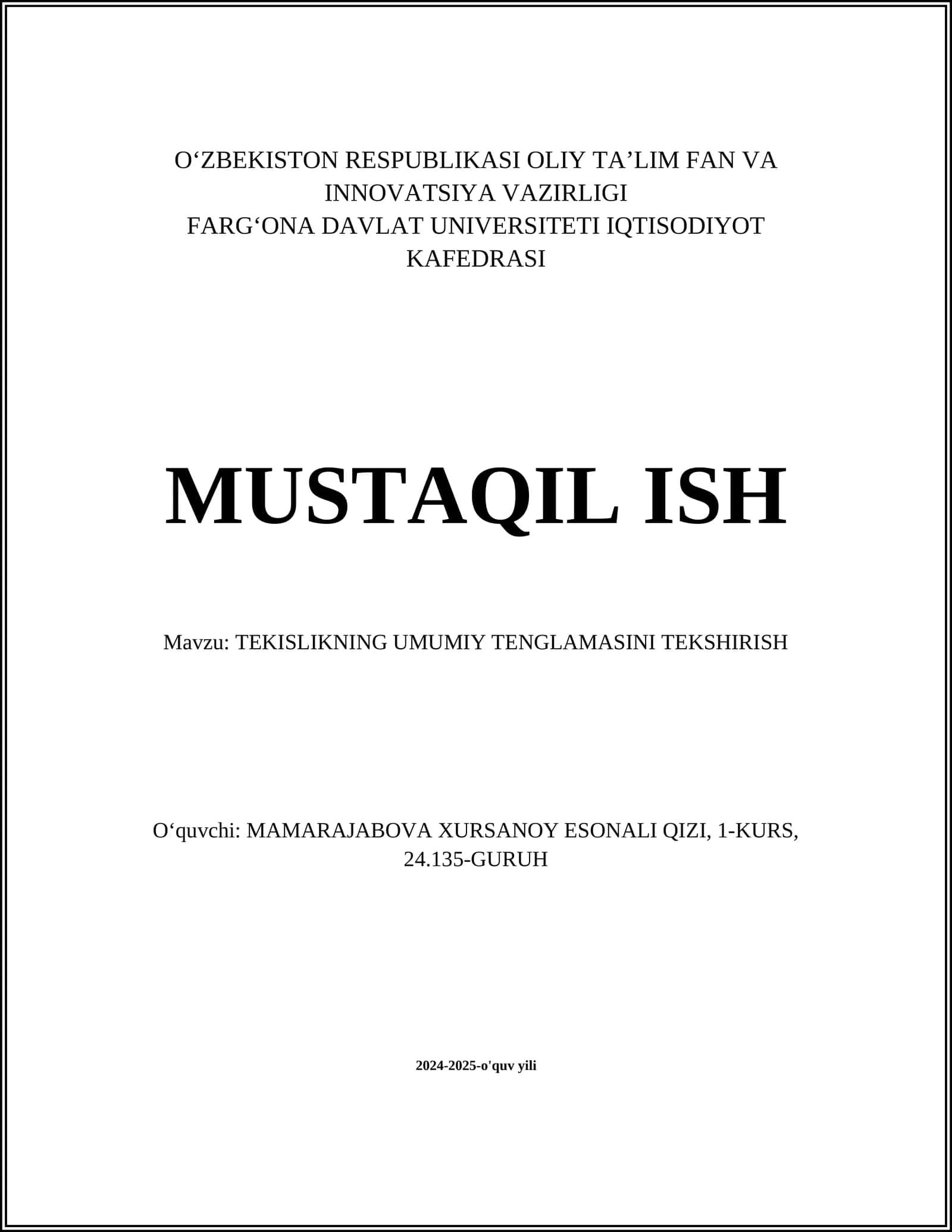 TEKISLIKNING UMUMIY TENGLAMASINI TEKSHIRISH 1
