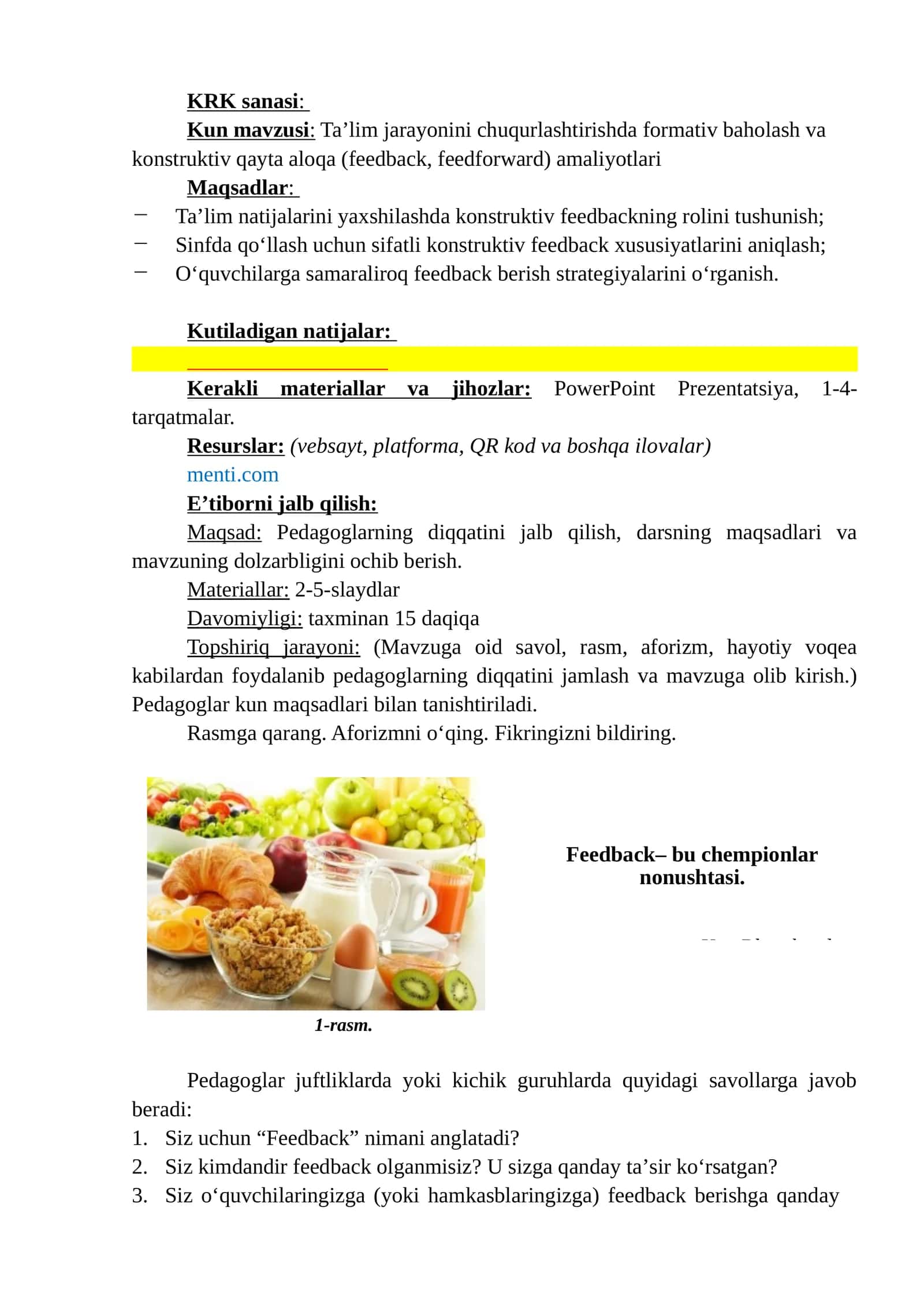 Taʼlim jarayonini chuqurlashtirishda formativ baholash va konstruktiv qayta aloqa (feedback, feedforward) amaliyotlari 1