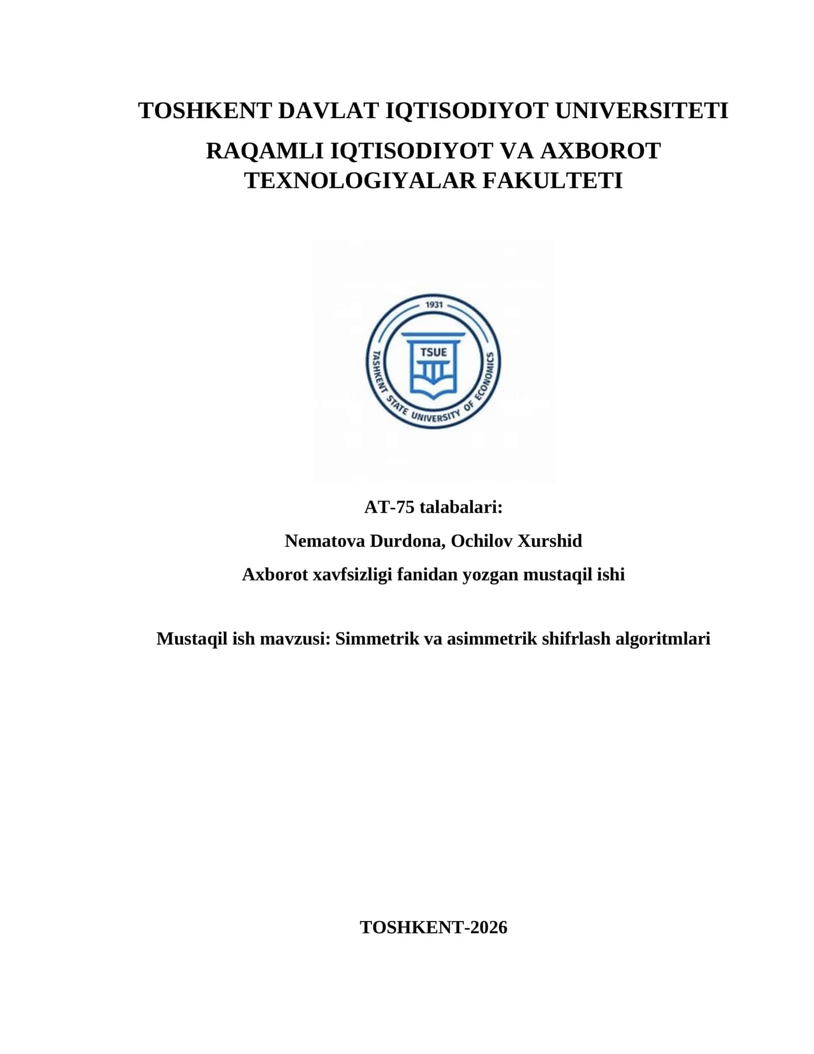 Simmetrik va asimmetrik shifrlash algoritmlari 1