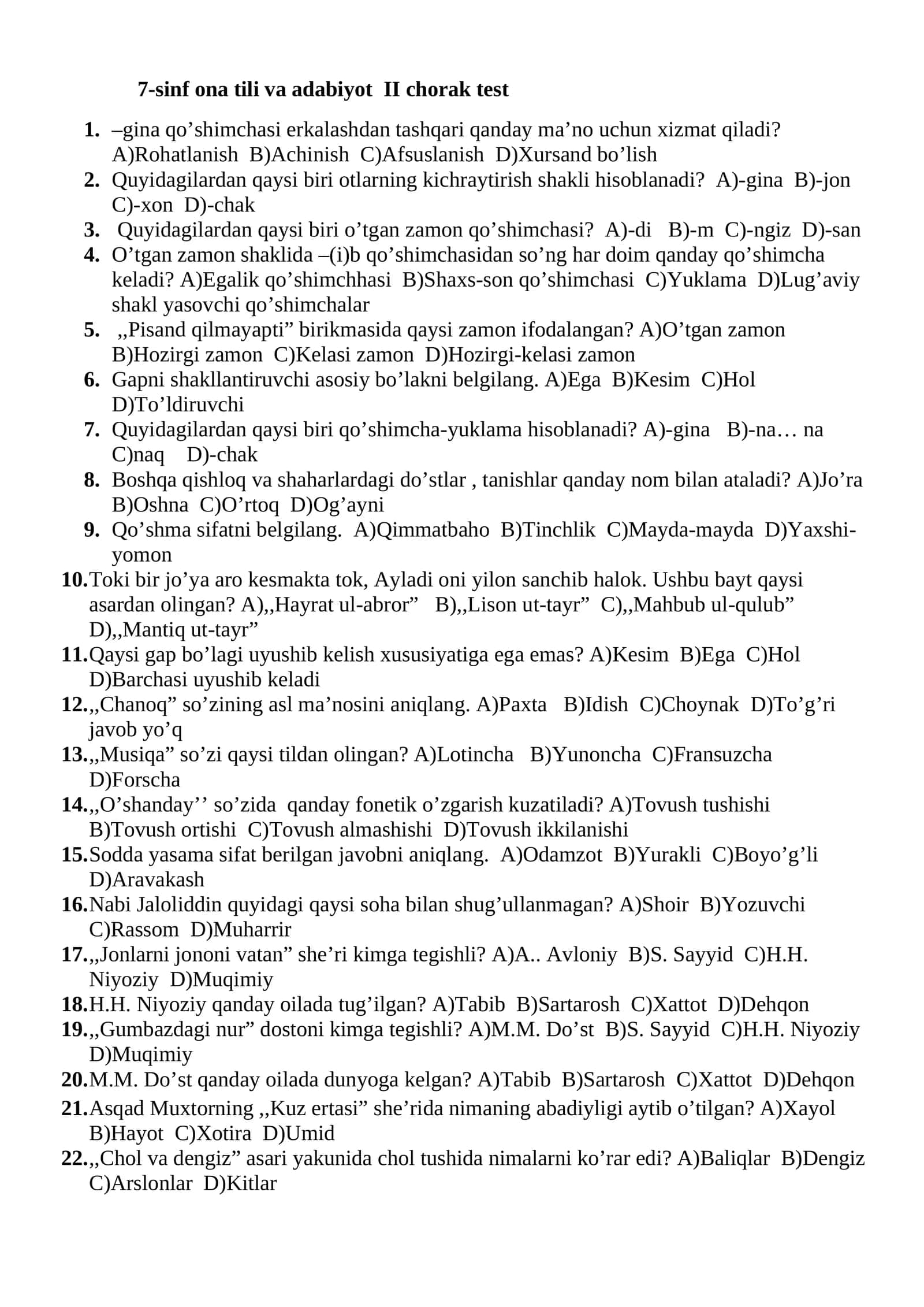 7-sinf ona tili va adabiyot II chorak test 1