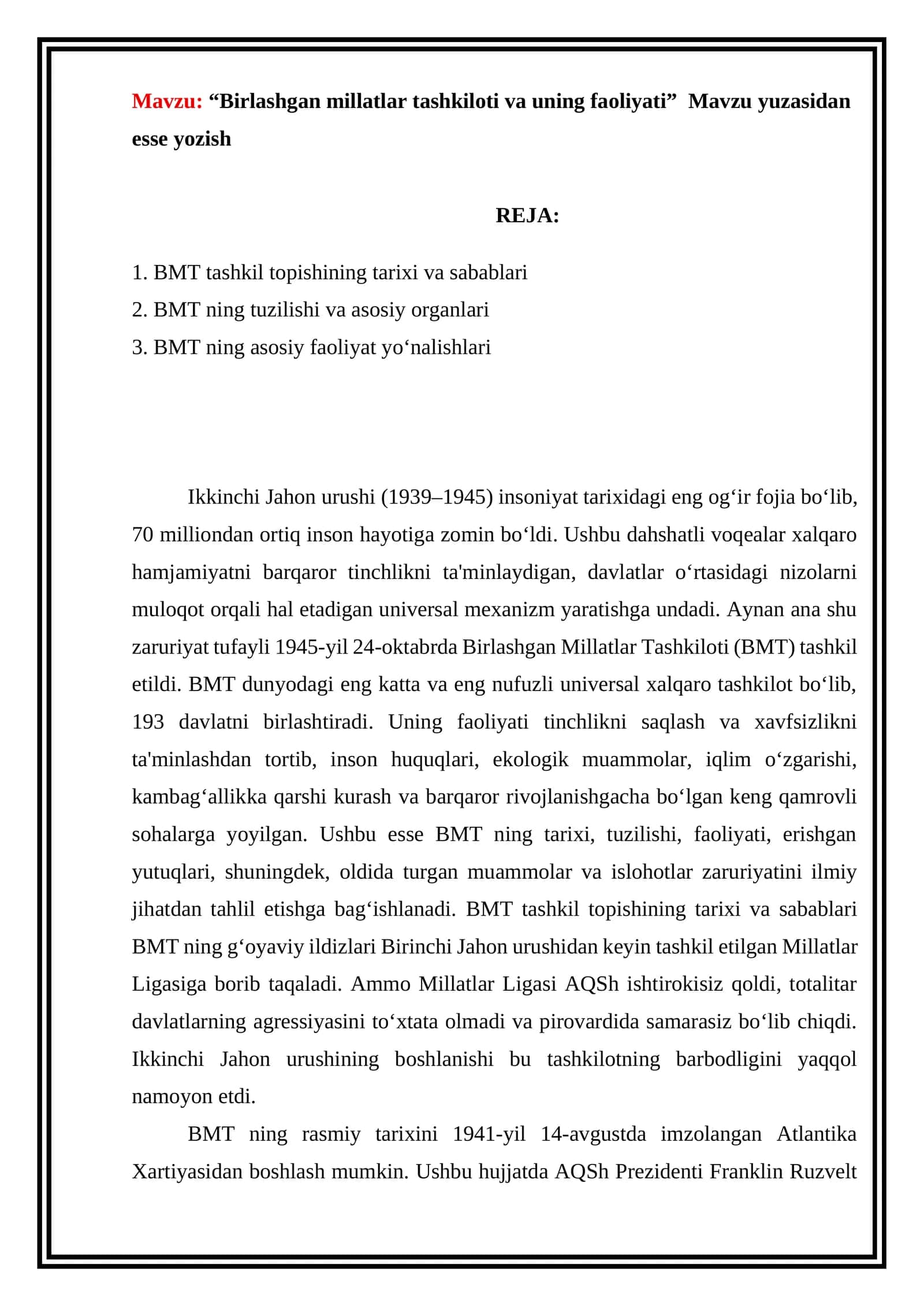 Birlashgan millatlar tashkiloti va uning faoliyati 1