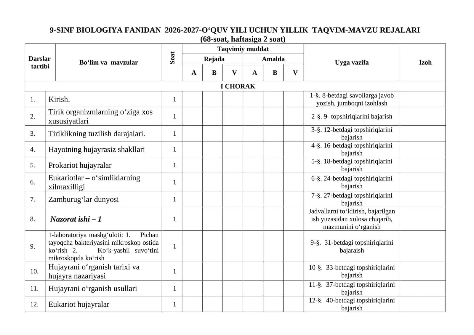 9-sinf biologiya ish reja 2026-yil 1