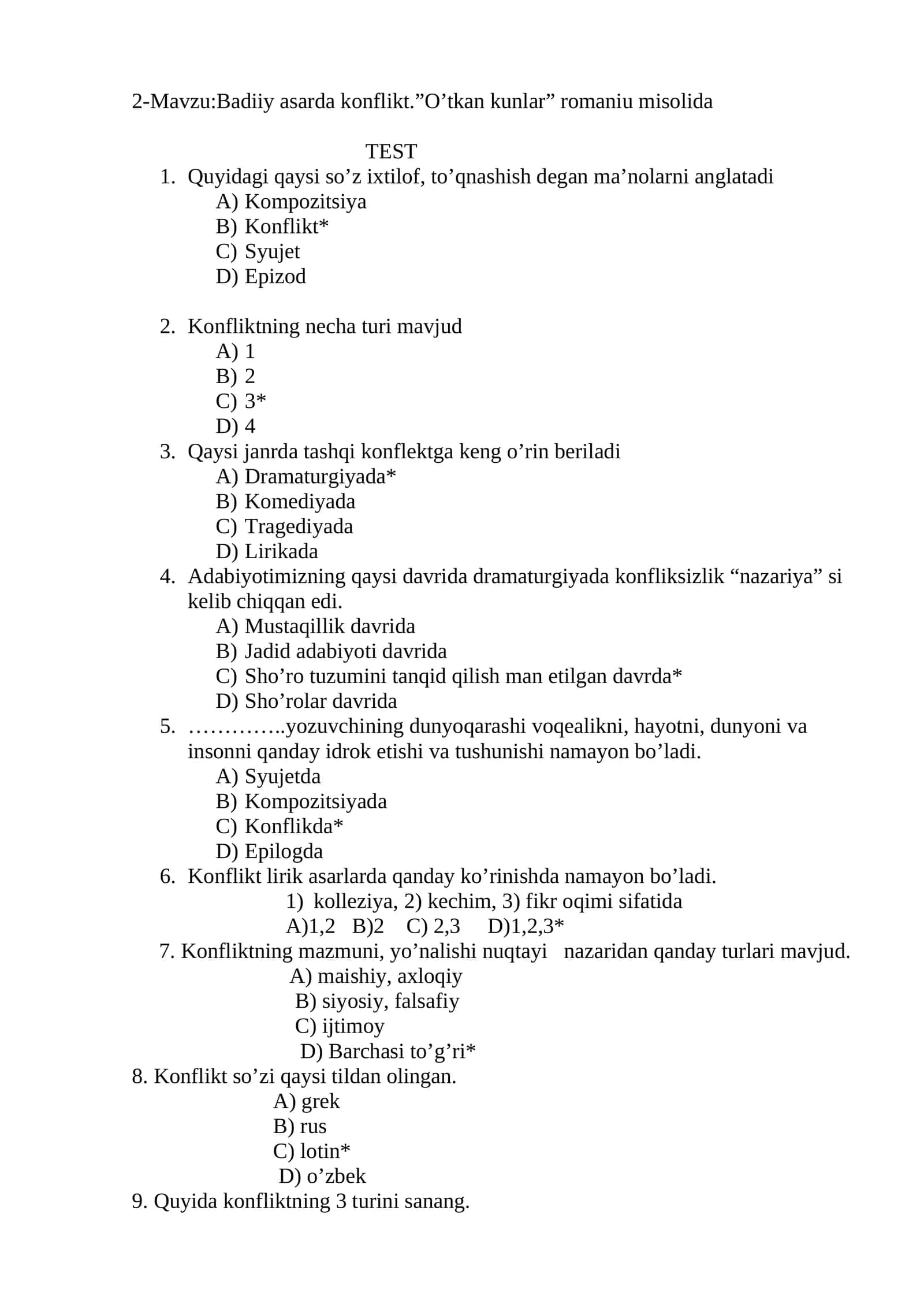 2-Mavzu:Badiiy asarda konflikt.”O’tkan kunlar” romaniu misolida 1