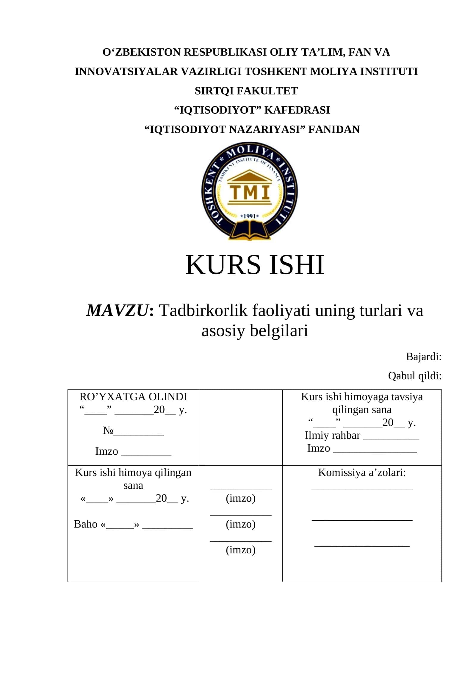 Tadbirkorlik faoliyati uning turlari va asosiy belgilari 1