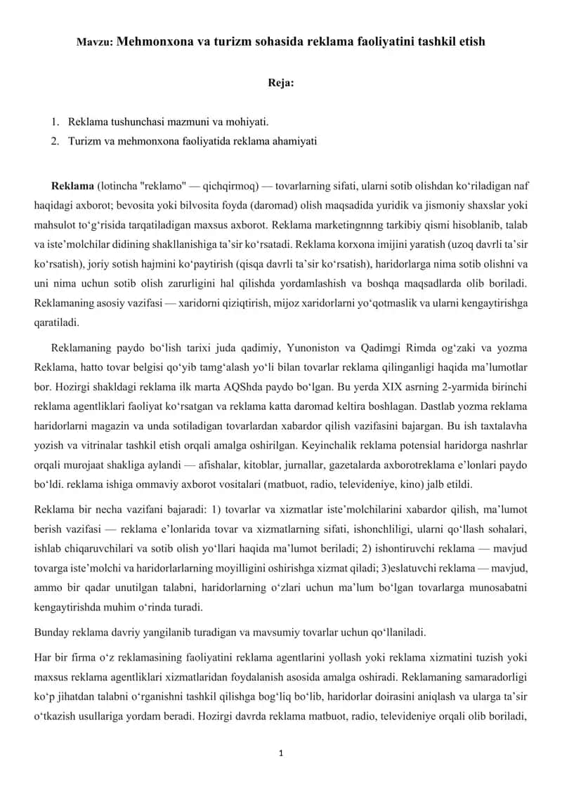 Mehmonxona va turizm sohasida reklama faoliyatini tashkil etish 1