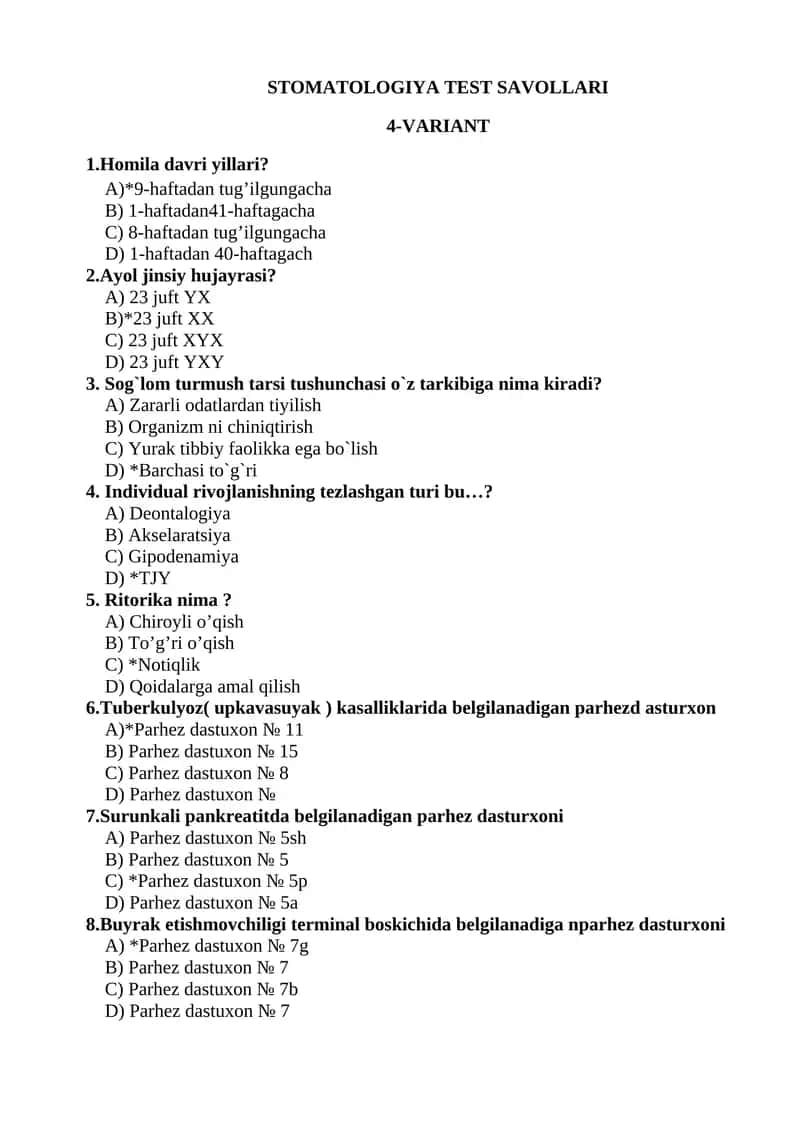 STOMATOLOGIYA TEST SAVOLLARI 1