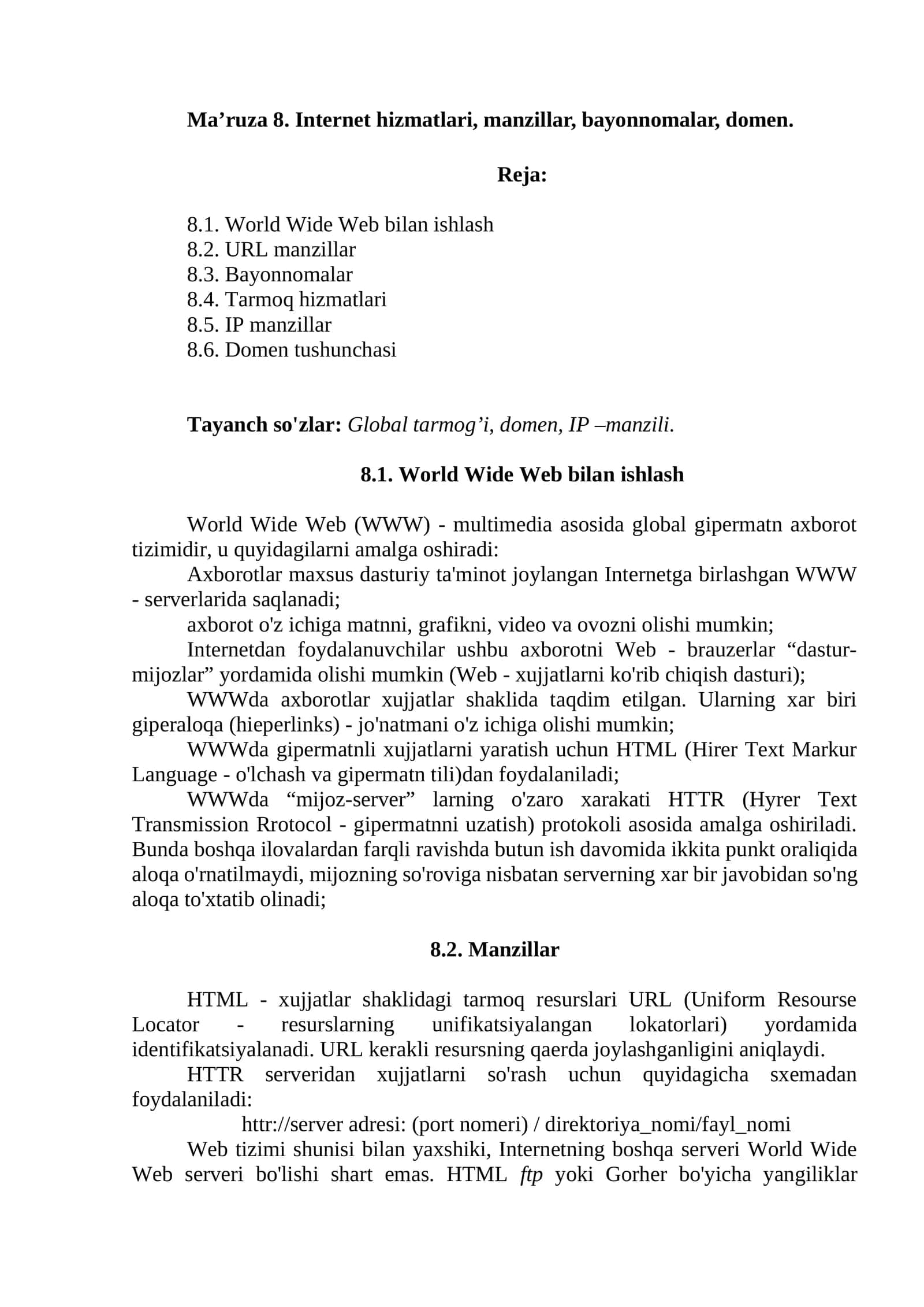 World Wide Web bilan ishlash 1