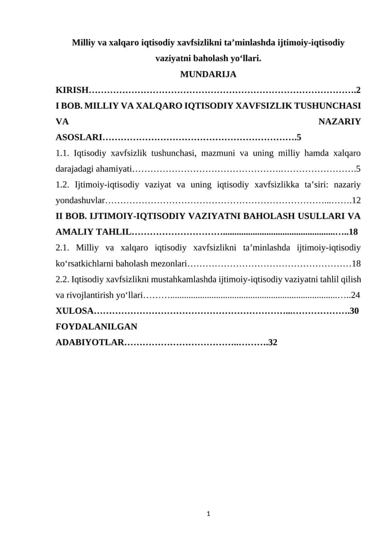 Milliy va xalqaro iqtisodiy xavfsizlikni taʼminlashda ijtimoiy-iqtisodiy vaziyatni baholash yoʻllari 1