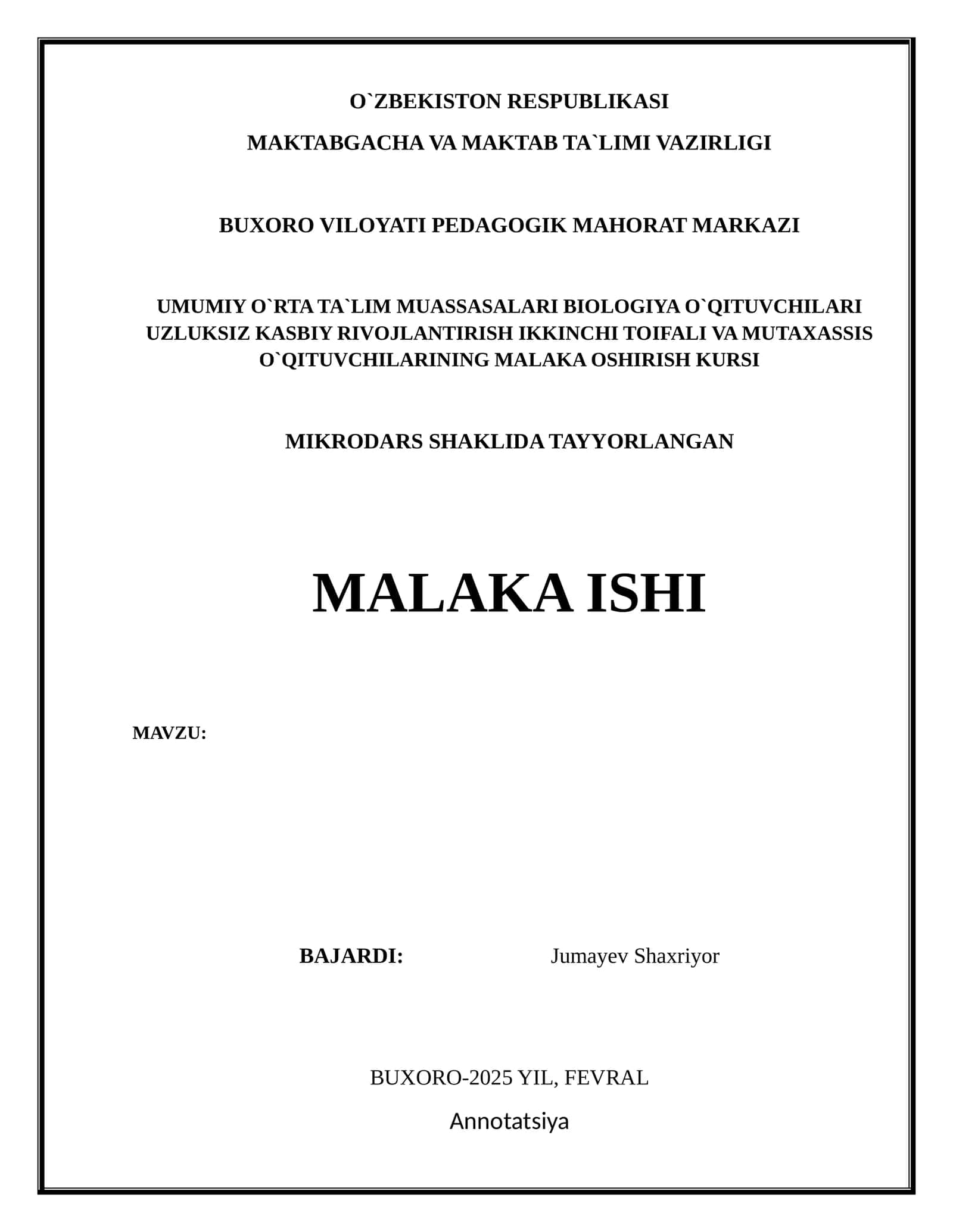 MIKRODARS SHAKLIDA TAYYORLANGAN MALAKA ISHI 1