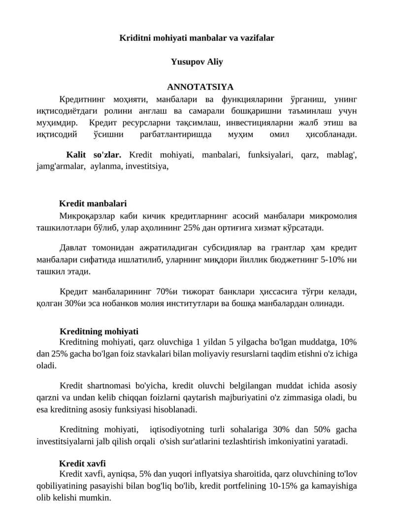 Kriditni mohiyati, manbalar va vazifalar 1
