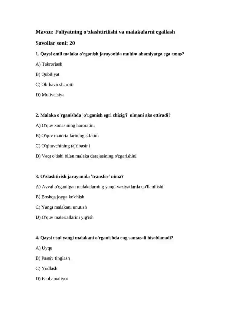 Foliyatning oʻzlashtirilishi va malakalarni egallash