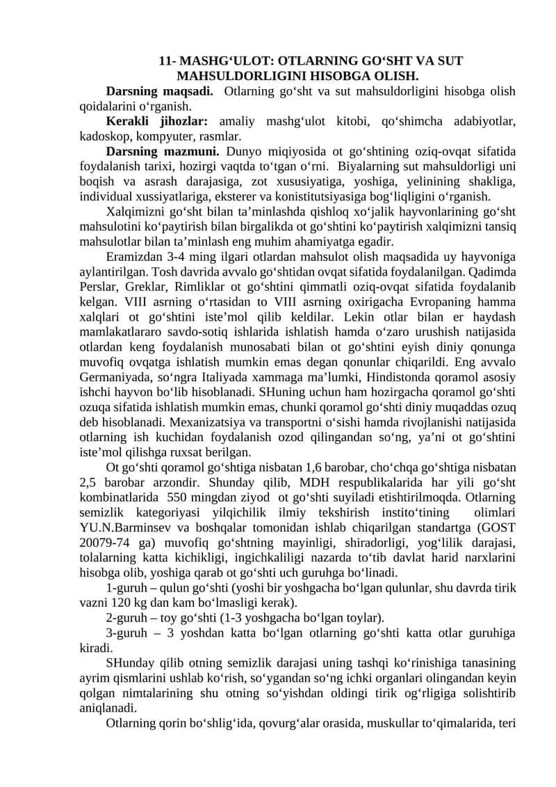 Otlarning go'sht va sut mahsuldorligini hisobga olgan mashg'ulot 1