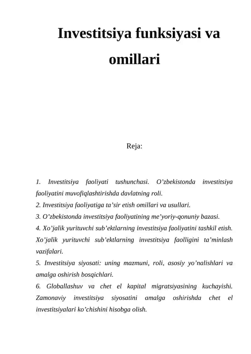 Investitsiya funksiyasi va omillari
