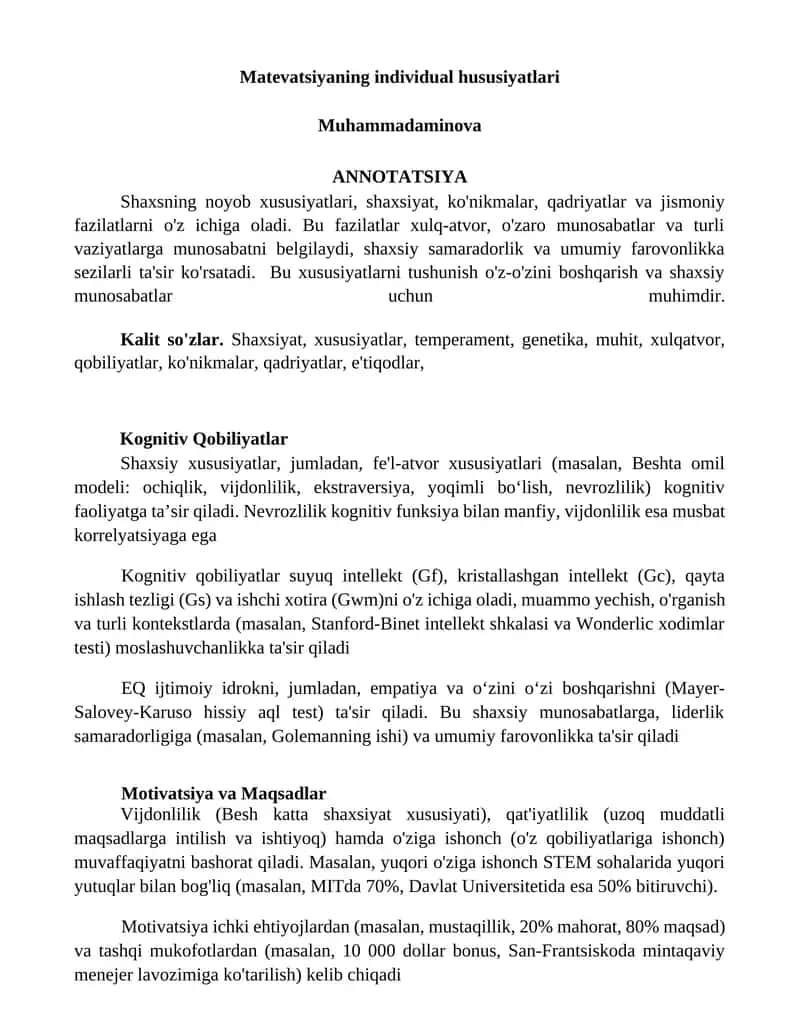 Matevatsiyaning individual hususiyatlari 1