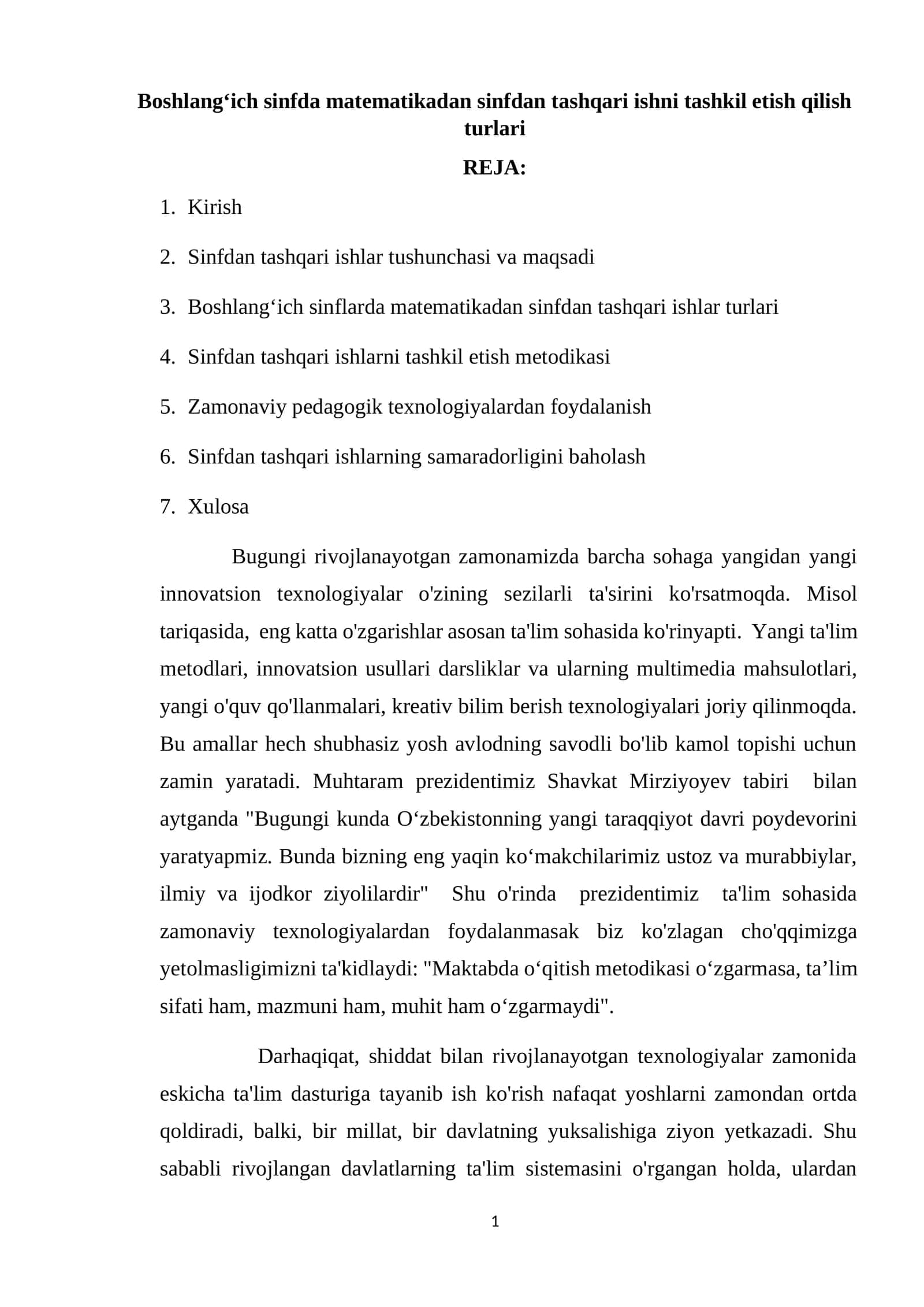 Sinfdan tashqari ishlar tashkil etish 1
