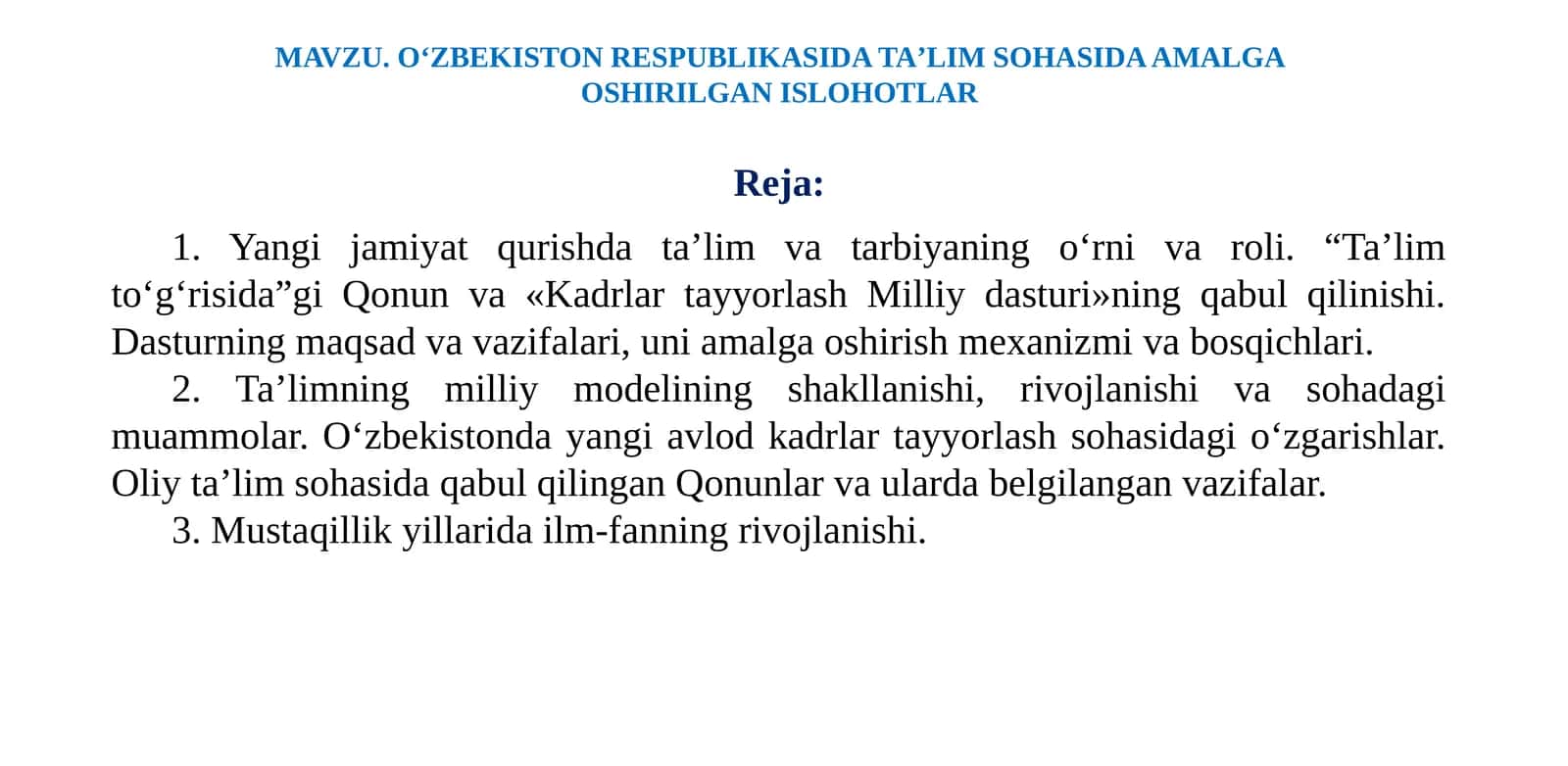 Oʻzbekiston Respublikasida Taʼlim Sohasida Amalga Oshirilgan Ishlohlar 1