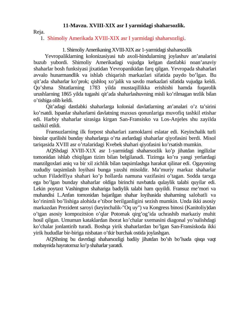 XVIII-XIX asr I yarmidagi shaharsozlik 1