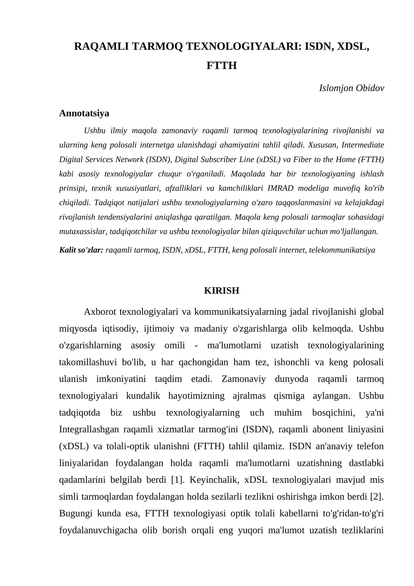 RAQAMLI TARMOQ TEXNOLOGIYALARI: ISDN, XDSL, FTTH 1