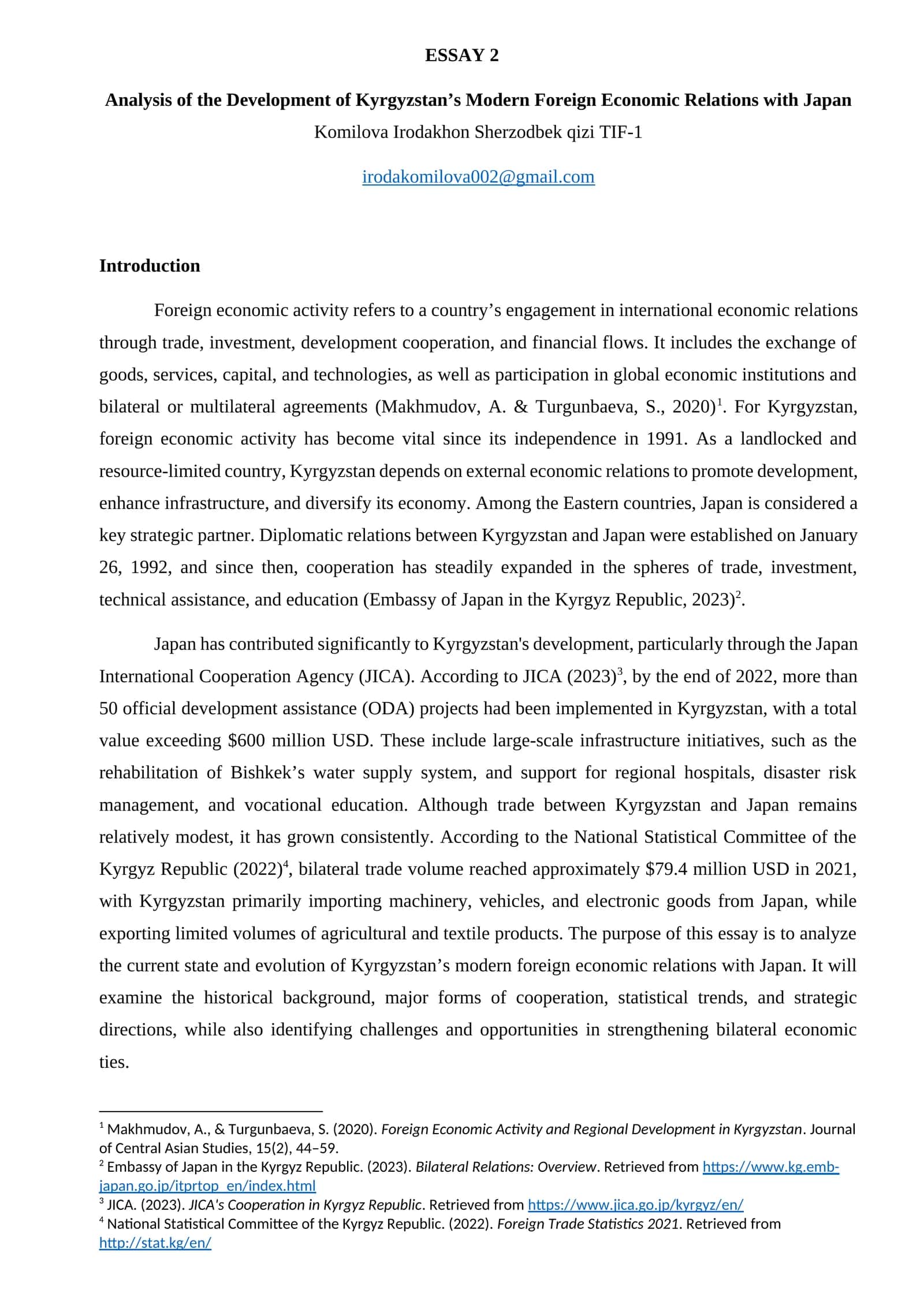 Analysis of the Development of Kyrgyzstan’s Modern Foreign Economic Relations with Japan 1