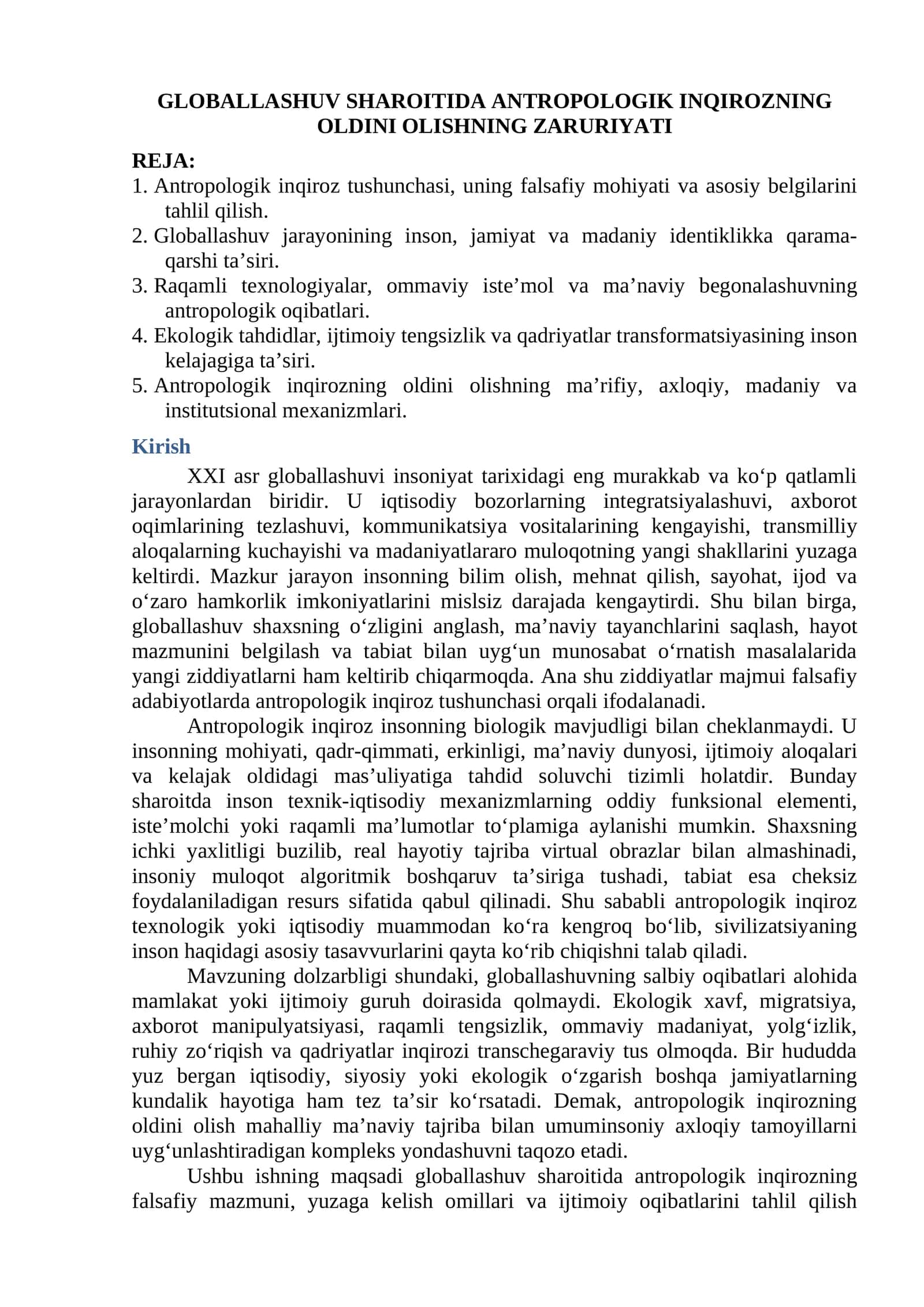 Antropologik inqirozning oldini olishning zaruriyati 1