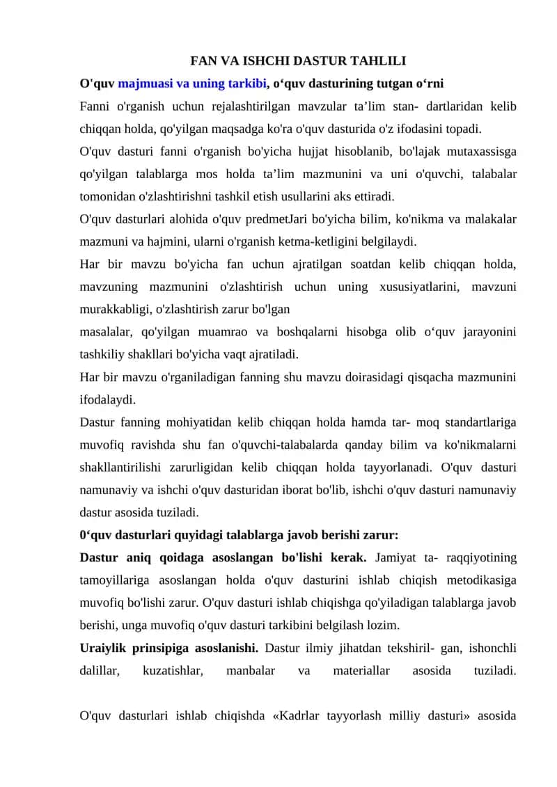 FAN VA ISHCHI DASTUR TAHLILI 1