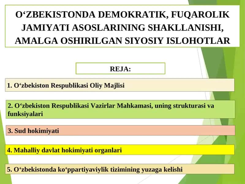 OʻZBEKISTONDA DEMOKRATIK, FUQAROLIK JAMIYATI ASOSLARINING SHAKLLANISHI, 1