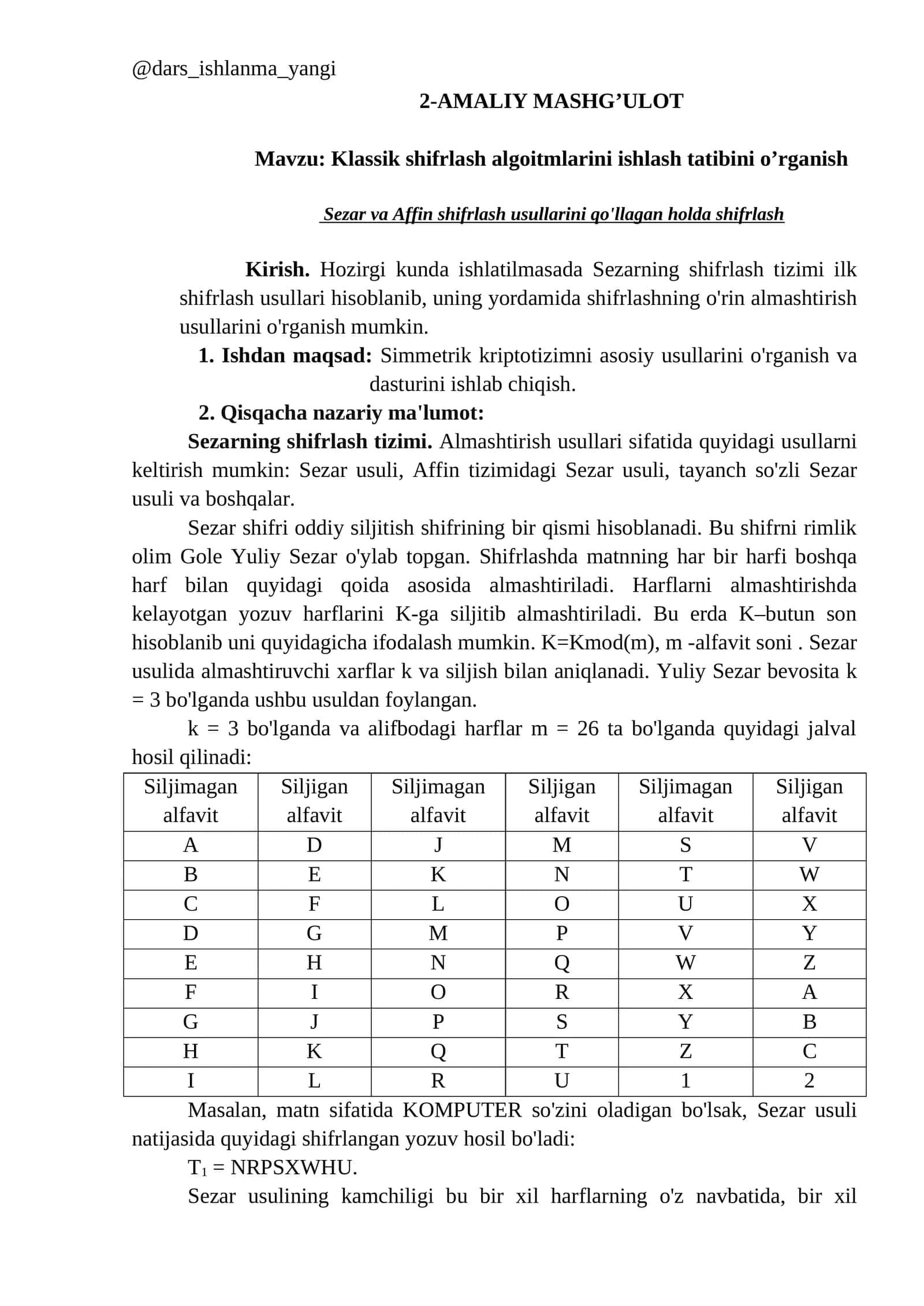 Klassik shifrlash algoitmlarini ishlash tatibini o’rganish 1