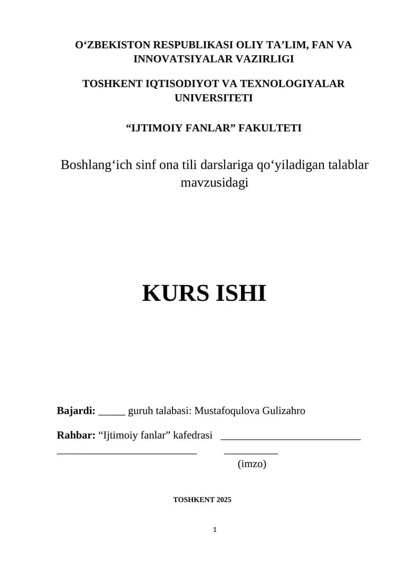 Boshlang'ich sinf ona tili darslariga qoʻyiladigan talablar mavzusi 1