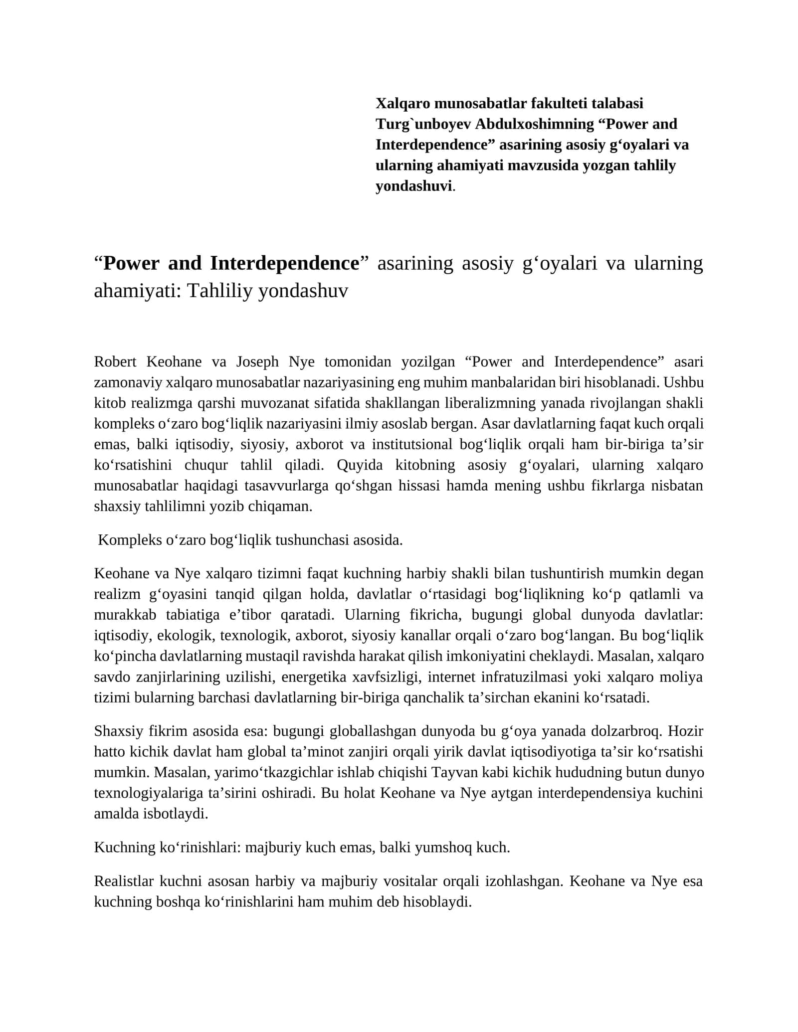 Power and Interdependence asarining asosiy g‘oyalari va ularning ahamiyati 1